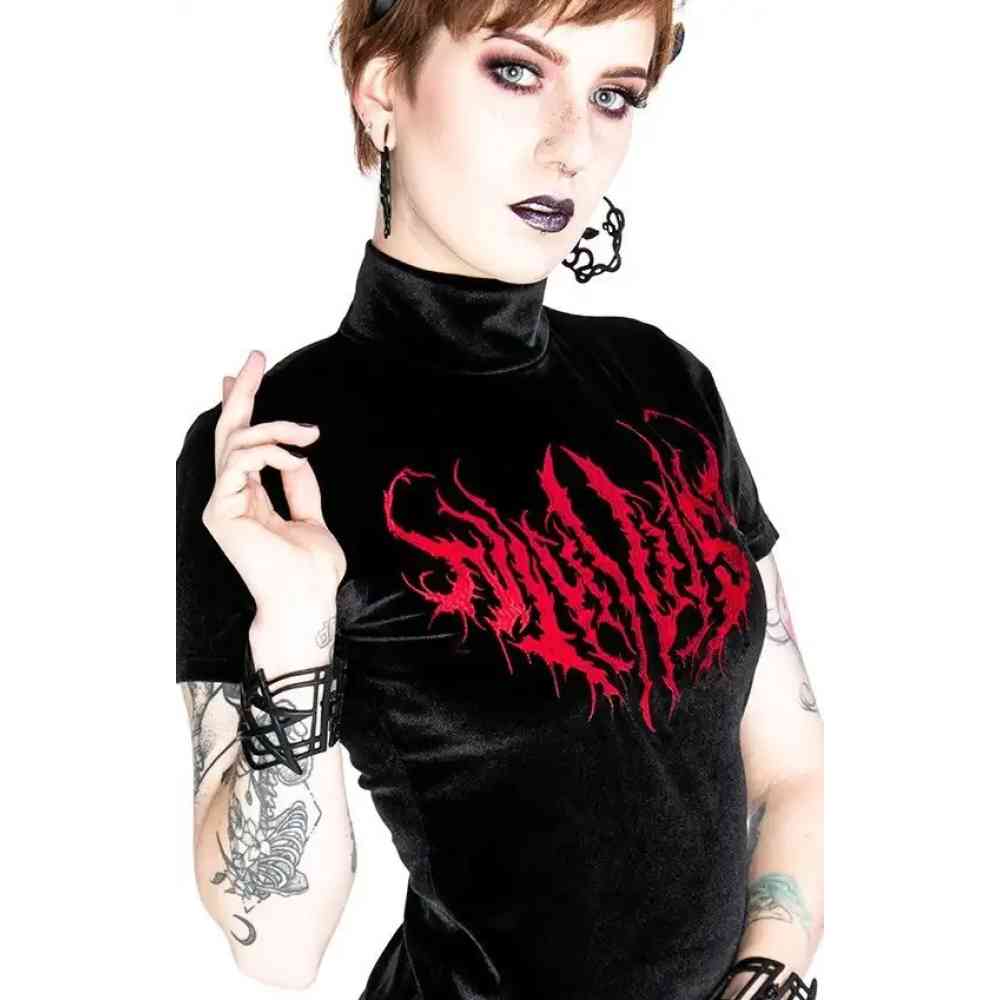 Restyle - Nihilist Velvet Embroidered Top - Noir